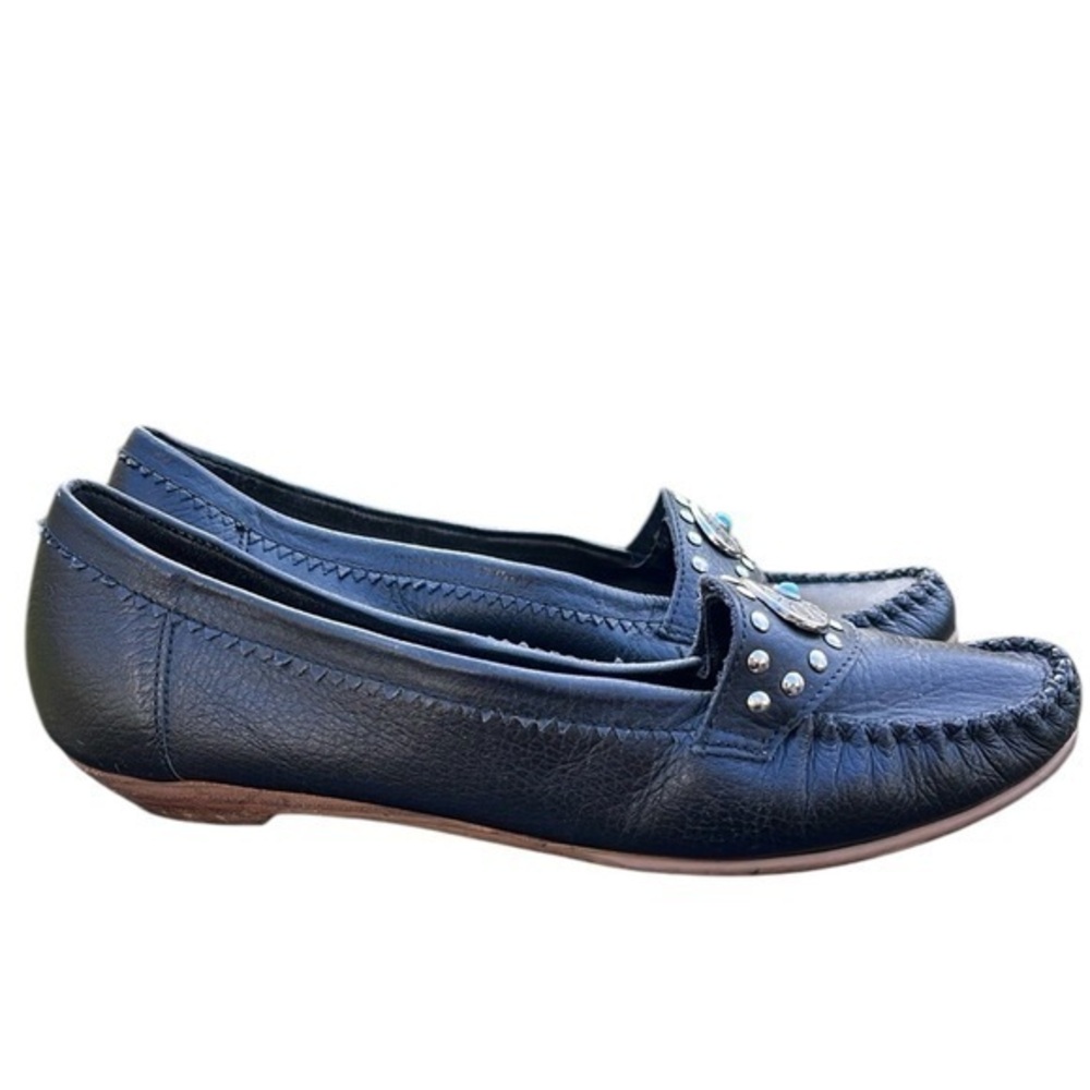 John Weitz black leather loafers bohemian style, silver/turquoise accent